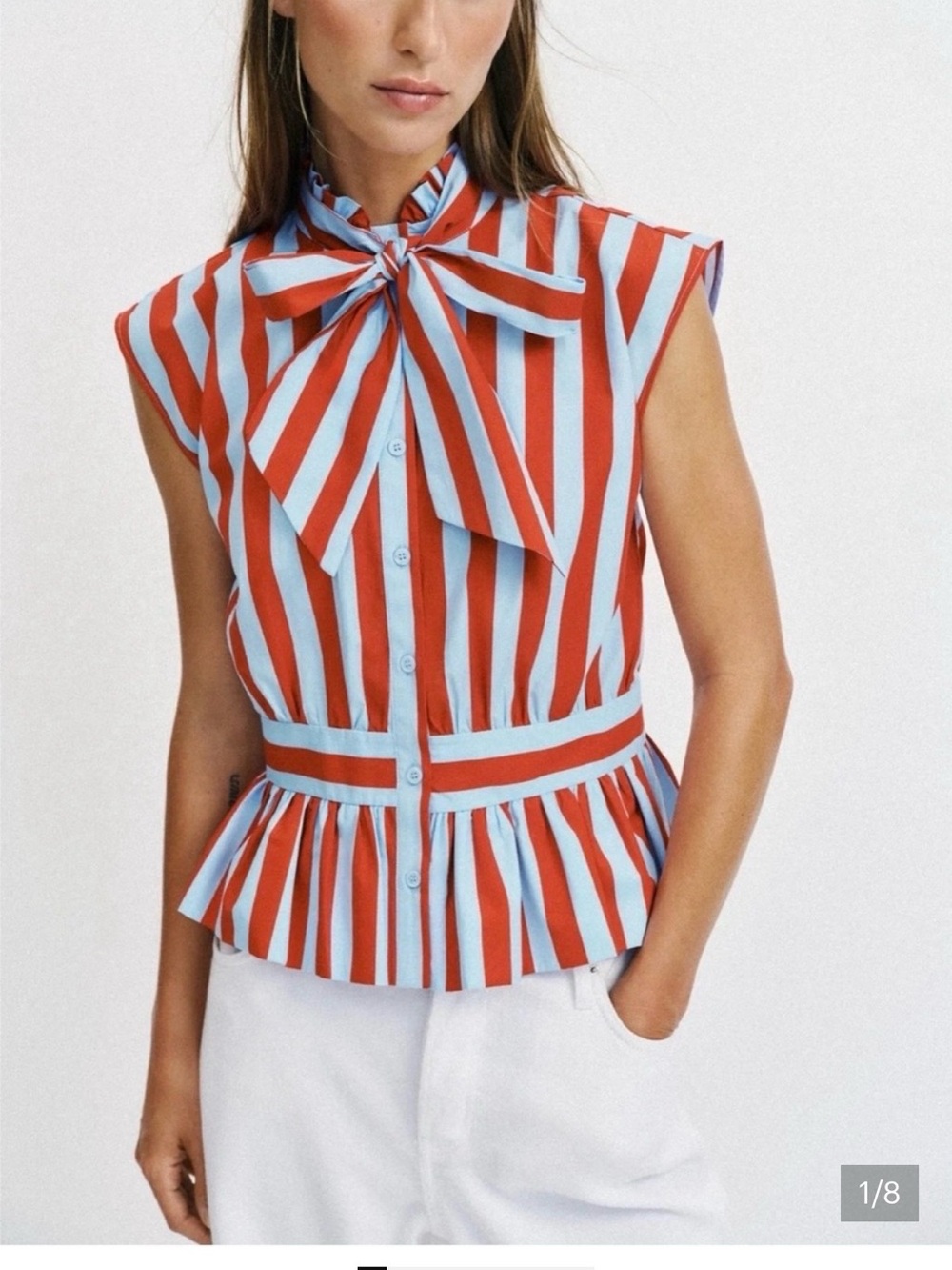Zara Blue & Red Striped Bow-Tie Peplum Blouse